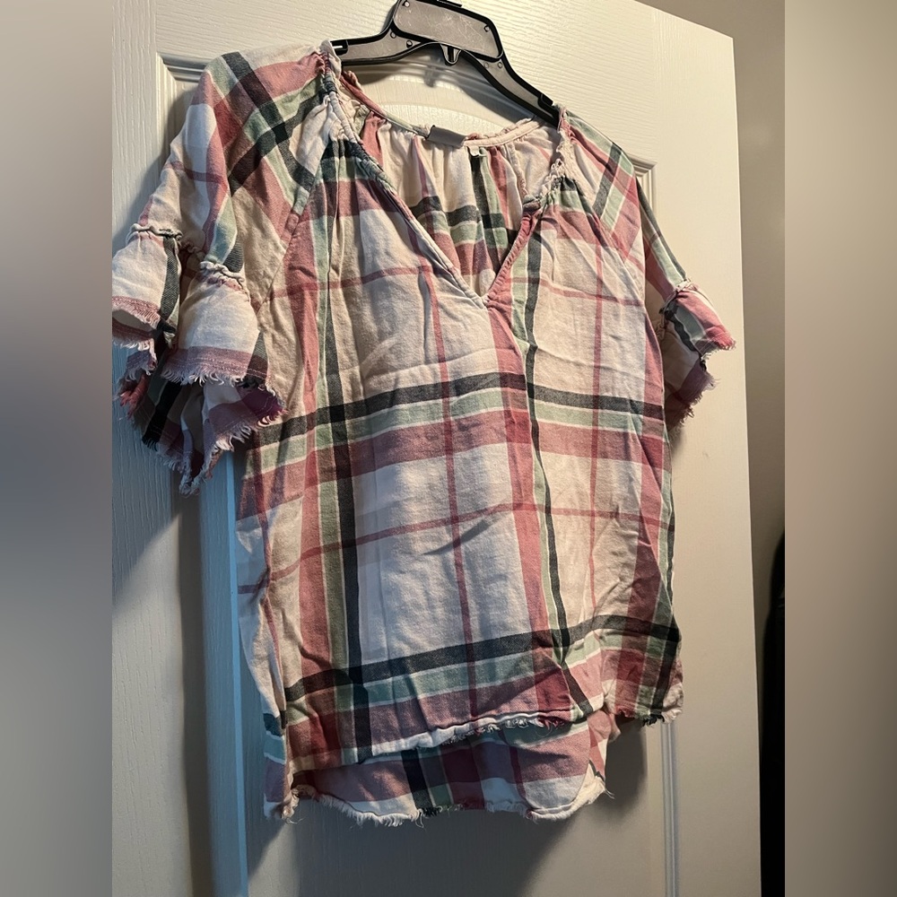 True Craft Pink and Green Plaid Blouse with distressed edging. - Picture 2 of 7